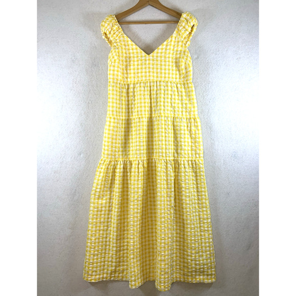Womens Gingham Tiered Maxi Dress Sz M Yellow Puff Sleeve Open Tie Smocked Back - Picture 1 of 16